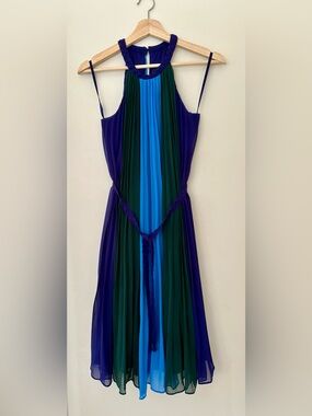 White House Black Market Blue and Green Pleated Midi Dress